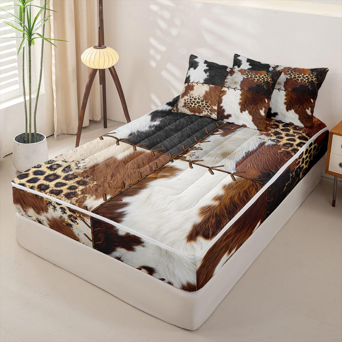 Feelyou Cow Fur Zipper Bedding Sets Kids Cowhide Print Queen Comforter Set with Fitted Sheet Boys Girls Decor Western Farm Animal Skin Comforter Plaid Grid Black Yellow Bed in A Bag