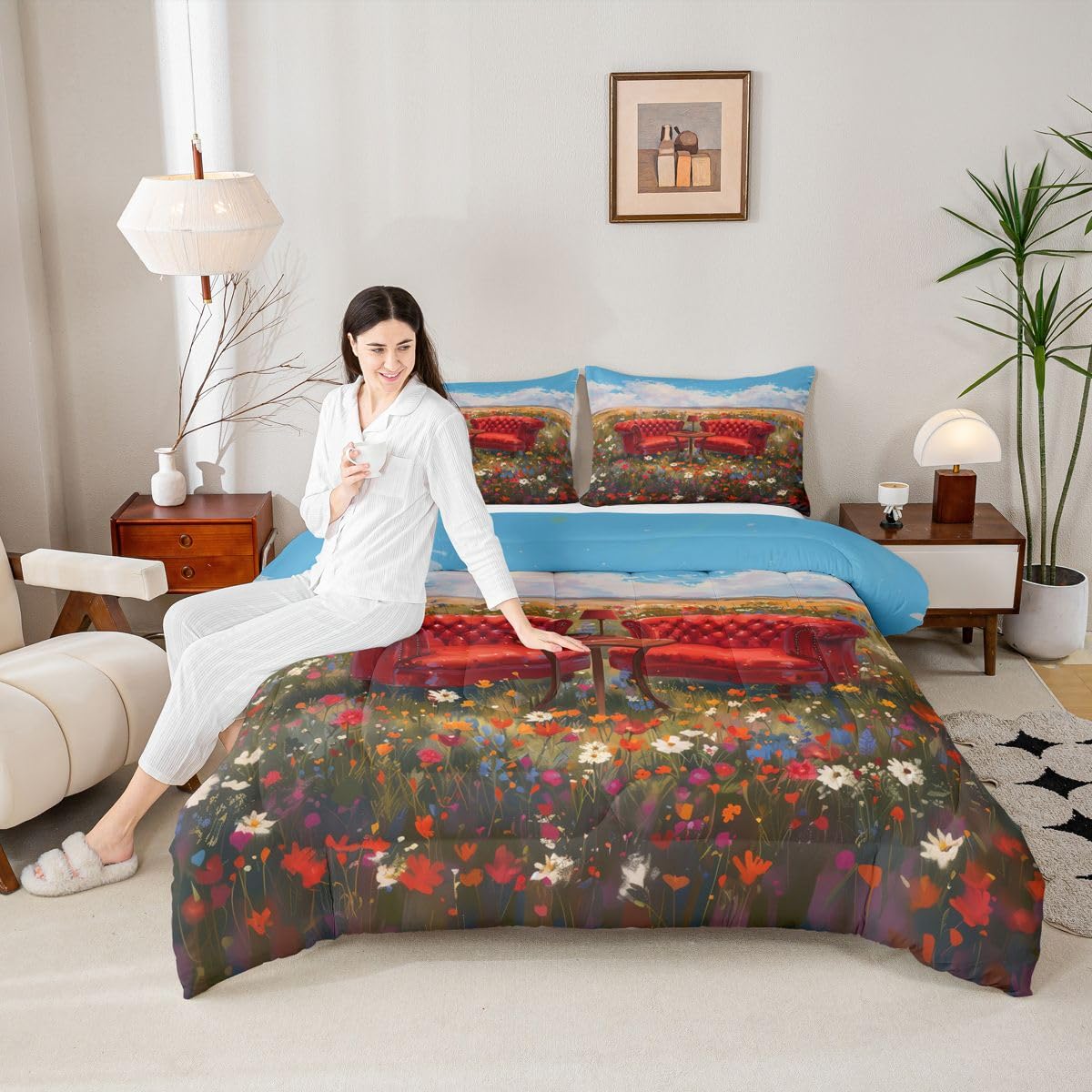 jejeloiu Flower Field Comforter Set Toddler Size French Country Bedding Set for Kids Boys Girls Floral Duvet Quilt Bedroom Decor Microfiber 2 Pcs with 1 Pillow Cases