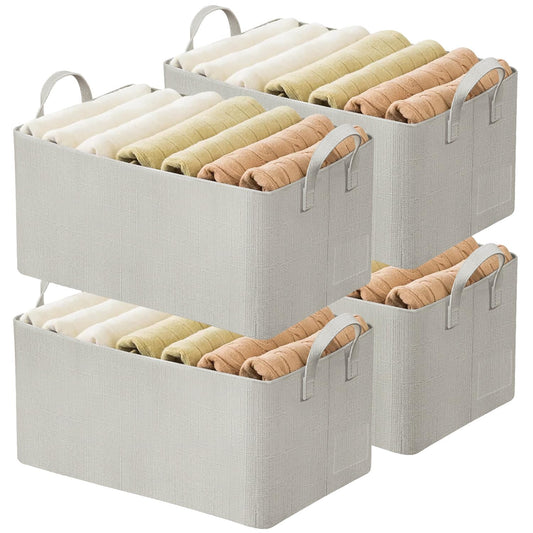 AARAINBOW 4 Pcs Closet Clothes Organizer with Handle, Fabric Storage Box with Steel Frame Stackable Shelf Storage Bins Foldable Fabric Storage Baskets for Organizing Sweater Pants, 23L (B 4 White)