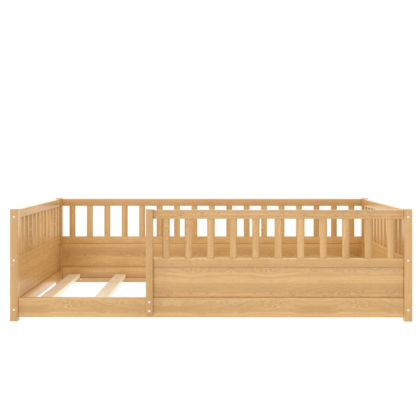KEIKI Full Size Floor Bed, Montessori Floor Bedframe with Fence, Wood Bed with Support Slat for Living Room, Natural