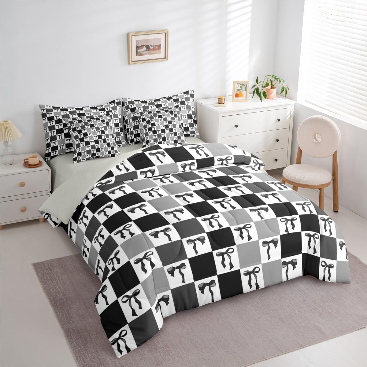 Erosebridal Bowknot 7 Piece Bedding Set Twin Grid Comforter Set with Sheets Cute Girly Geometric Plaid Check Bed in a Bag Aesthetic Kawaii Ribbon Bow Black for Kids Girls Women