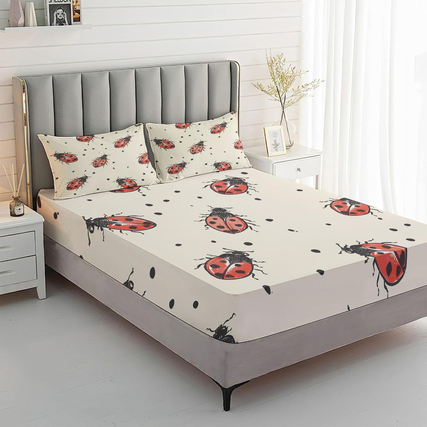 Rejkxyw King Size Sheets Set Ladybug - Insect Bed Sheets - Ladybugs Sheet Set - 12 Inch Deep Pocket - Ultra Soft Winkle Free Microfiber Bedding Sheets & Pillowcases 4 Piece