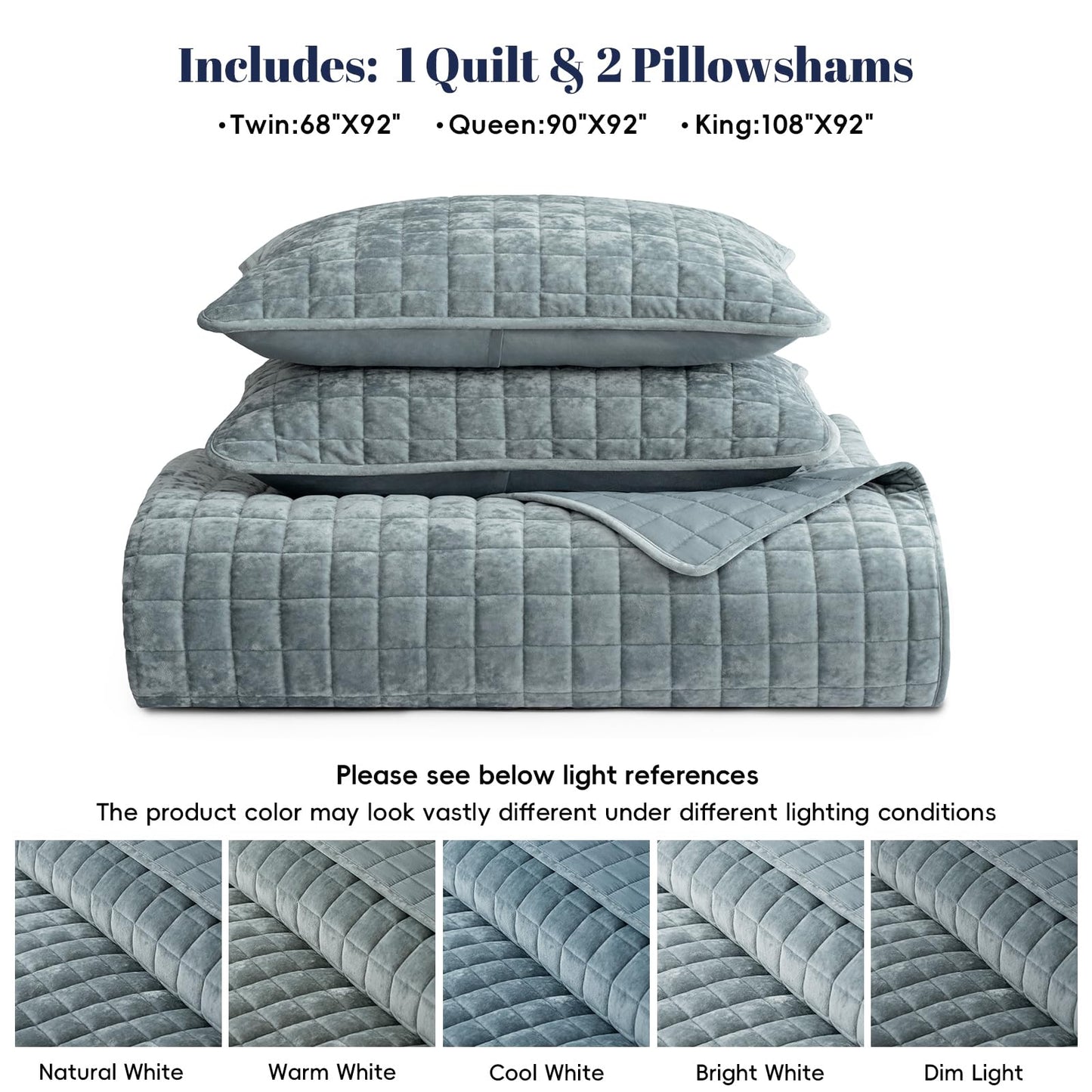 PHF Luxurious Velvet Quilt Set Queen Size – 3PCS Super Soft Quilted Comforter Alternative with Square-Box Quilt Pattern, Warm Quilted Bedspread Coverlet, 90" x 92", Dusty Blue