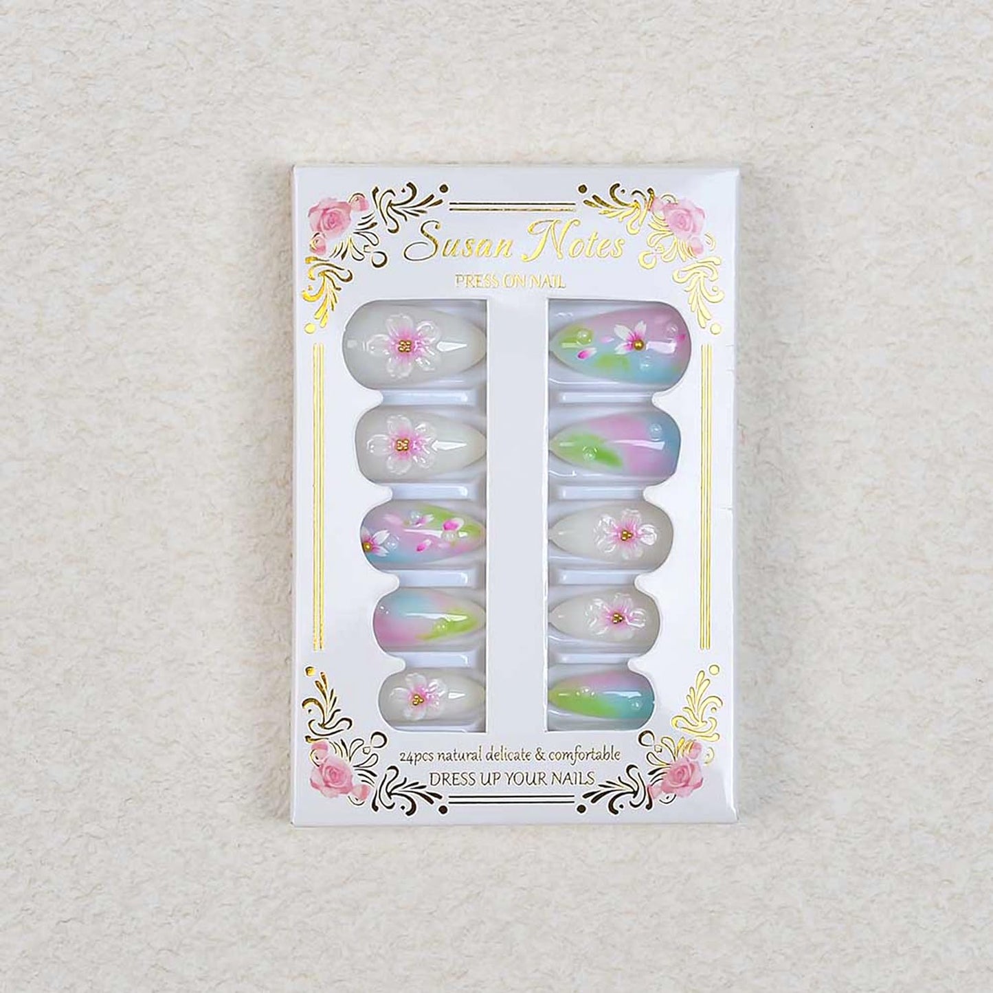 24Pcs Cute Flower Press on Nails Medium Almond Fake Nails Spring Summer Nail Art Handmade Gradient Stick on Nails Glossy Full Cover Artificial Nails for Women DIY Nails Decoration Daily Wear