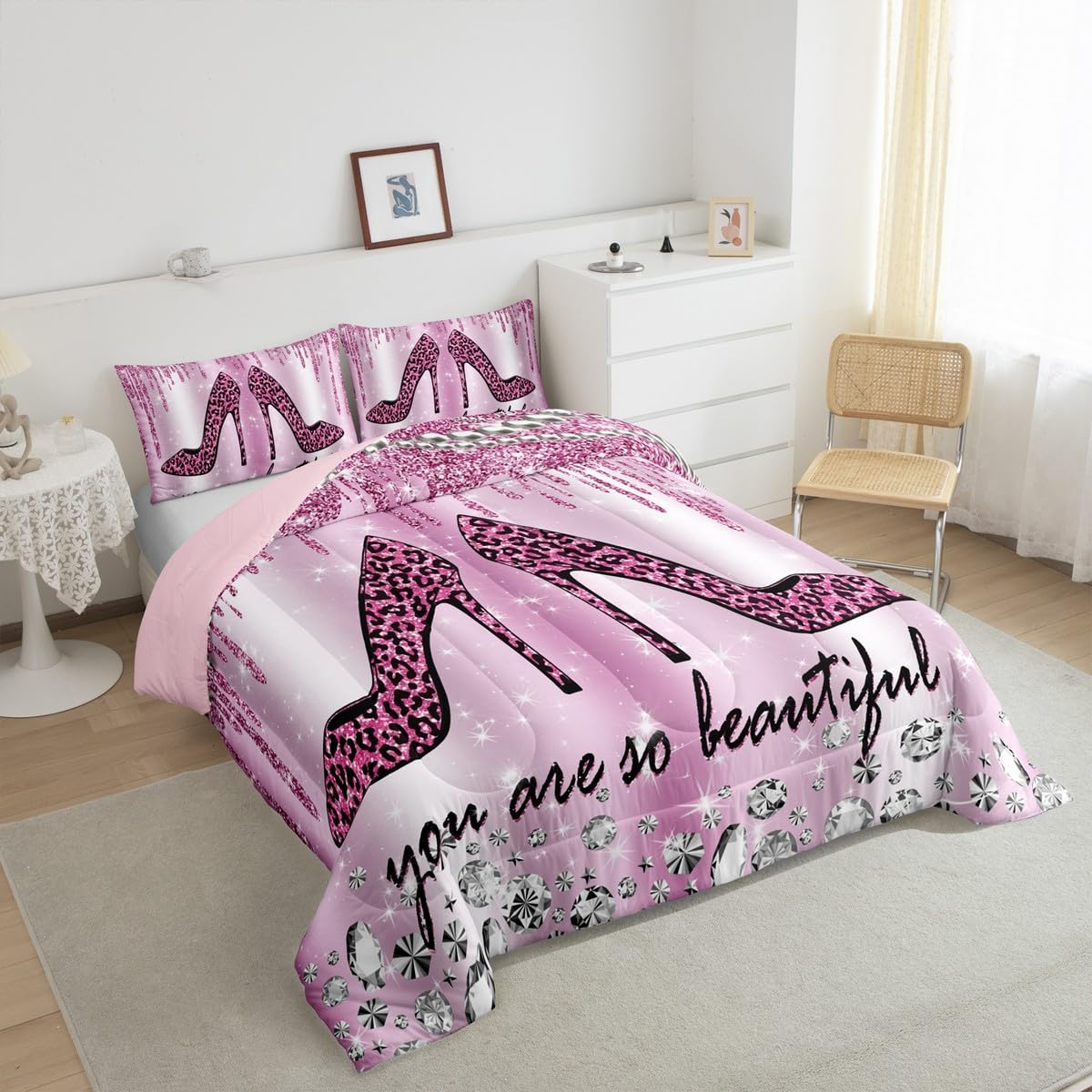 Purple Leopard Glitter Comforter Set Kids Girls Diamond Starry Galaxy Bedding Set Queen Size Sparkling Jewelry Quilt Set for Youth Women Bedroom Decor Modern Romantic High Heels Duvet Insert 3pcs