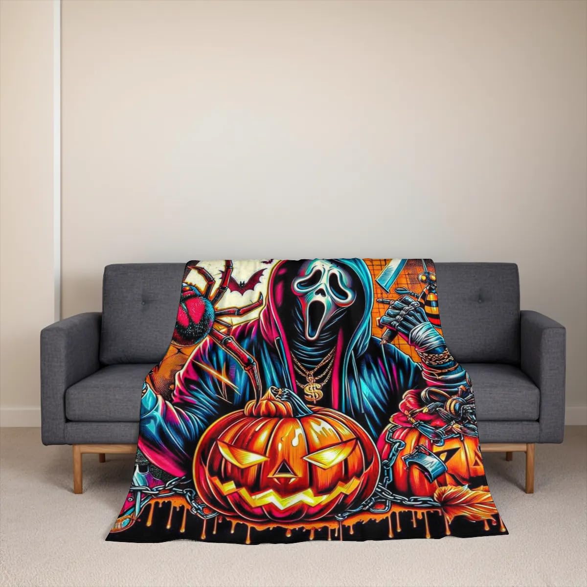 Halloween Ghostface with Pumpkins and Spiders Flannel Throw Blanket, 40"×50"（100 * 125cm Soft Anti-Pilling Fleece Blanket for Couch, Sofa, Bed, Lightweight and Breathable for Home, Office, Travel