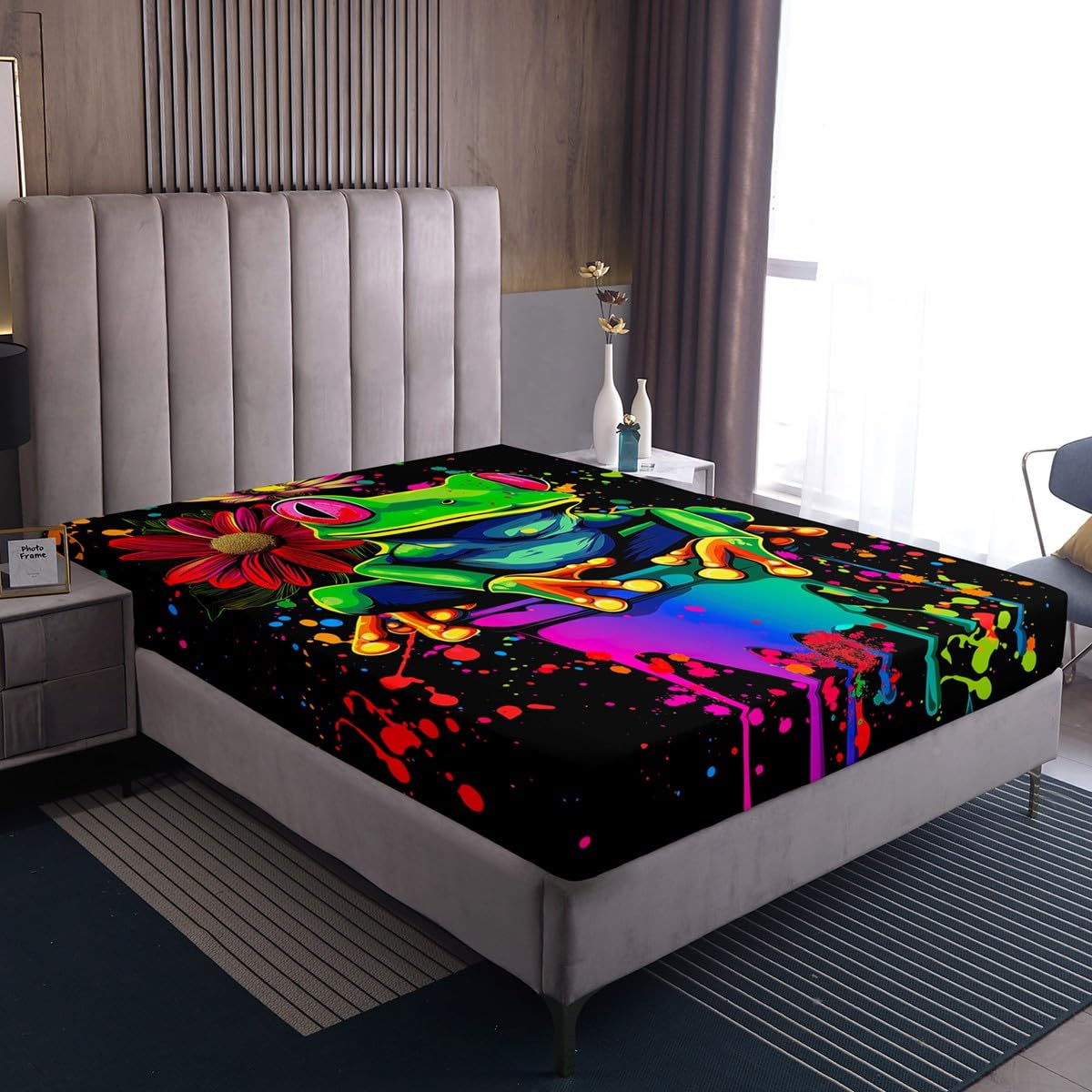 Erosebridal Tie Dye Frog Bedding Full Size,Rainbow Graffiti Style Sheet Set for Kids Boys Girls Teens,Rose Flower Cartoon Animal Bed Sheets,Microfiber Floral Decor Bed Sheet Soft with Deep Pocket