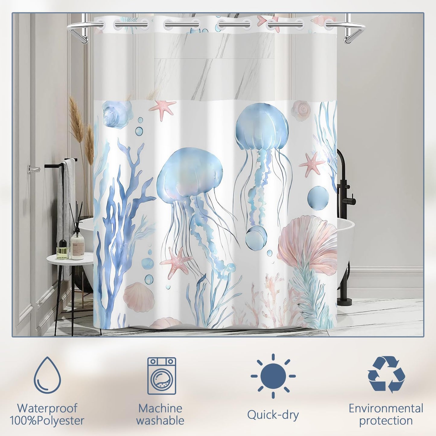 Xiazhilaio Ocean Jellyfish No Hook Shower Curtain and Liner Set 71x74 Inch