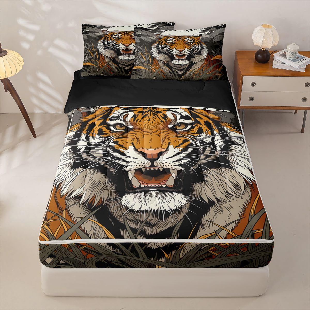 Erosebridal Tiger Zip Up Bedding Comforter Sets Twin Size, Japanese Style Comforter in One Zipper - Wild Animal Bedding Set with Pillowcases