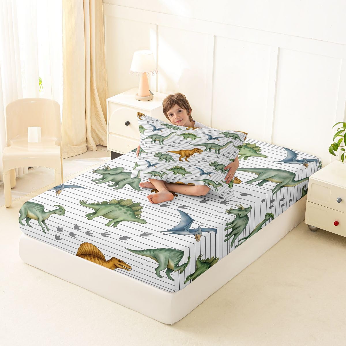Feelyou Dinosaur Bed Sheets Set Twin Size 3D Digital Print Bed Set for Kids Boys Girls Jungle Dino Deep Pocket Fitted Sheet Wild Animal Breathable Soft Lightweight Microfiber Orange and Green