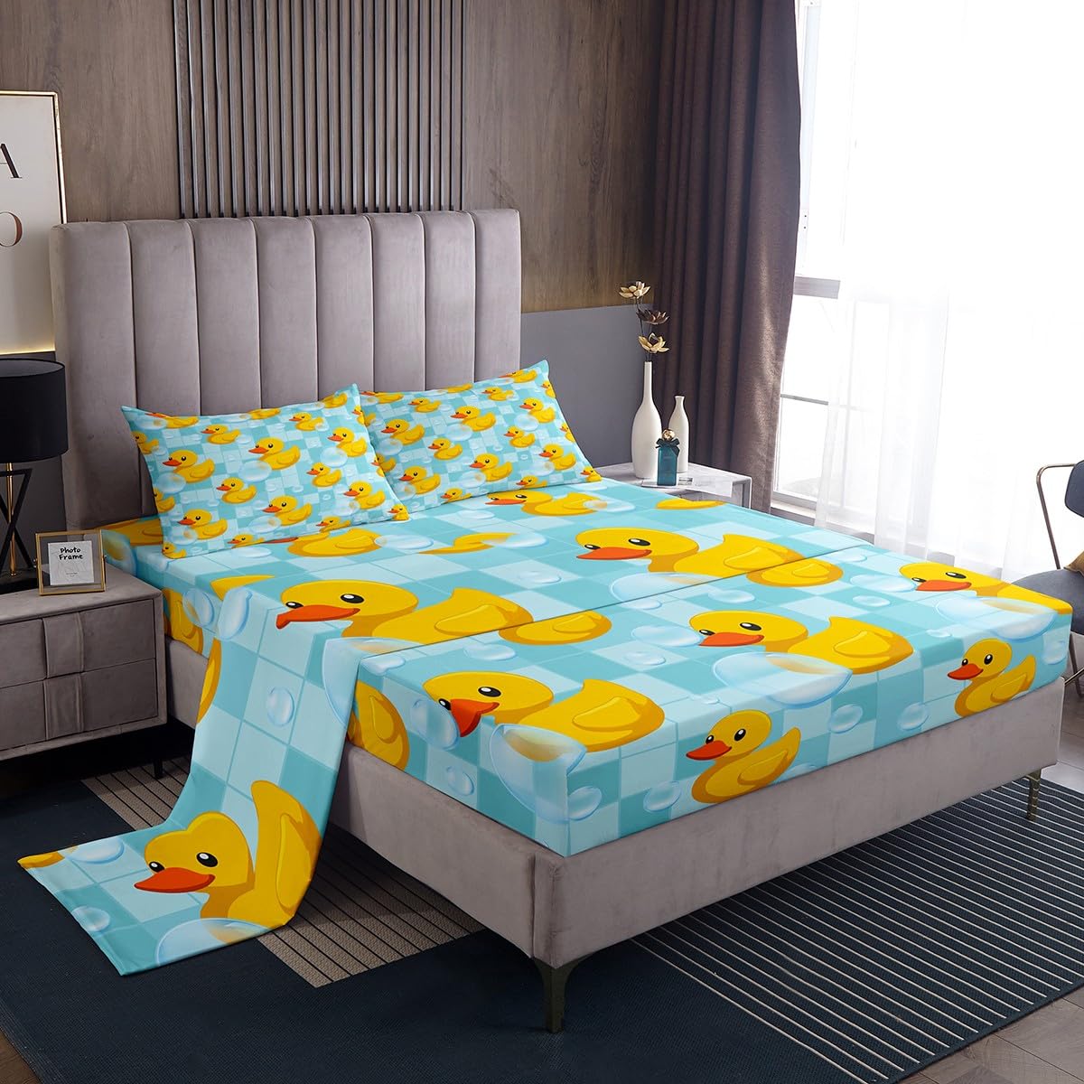 Erosebridal Kids Cute Yellow Duck Bed Sheets Full Size Boys Girls Blue Grid Plaid Flat Fitted Sheet Farmhouse Pet Animal Sheet Set Cartoon Ducks Sheets for Teens