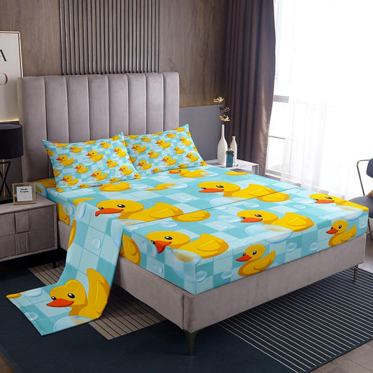 Erosebridal Kids Cute Yellow Duck Bed Sheets Full Size Boys Girls Blue Grid Plaid Flat Fitted Sheet Farmhouse Pet Animal Sheet Set Cartoon Ducks Sheets for Teens