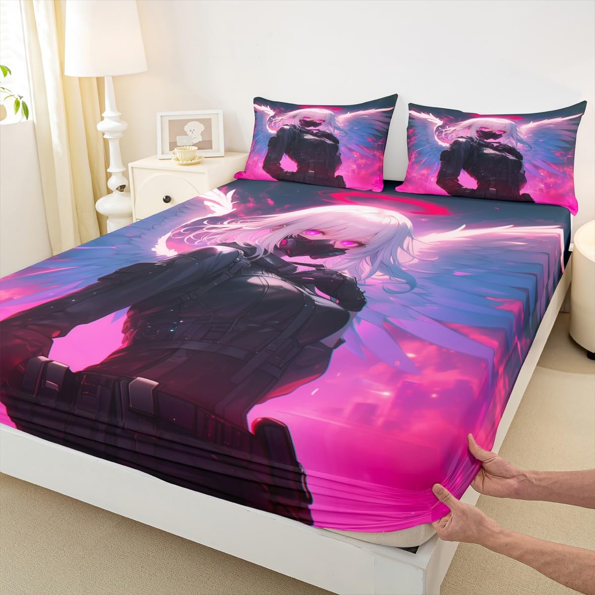 Erosebridal Full Japanese Anime Bedding Set Anime Girl Fitted Sheet for Kids Girls Teens Men Bedroom, Cartoon Girl Bed Sheets Kawaii Japanese Animation Sheets 3 Piece with 2 Pillow Cases