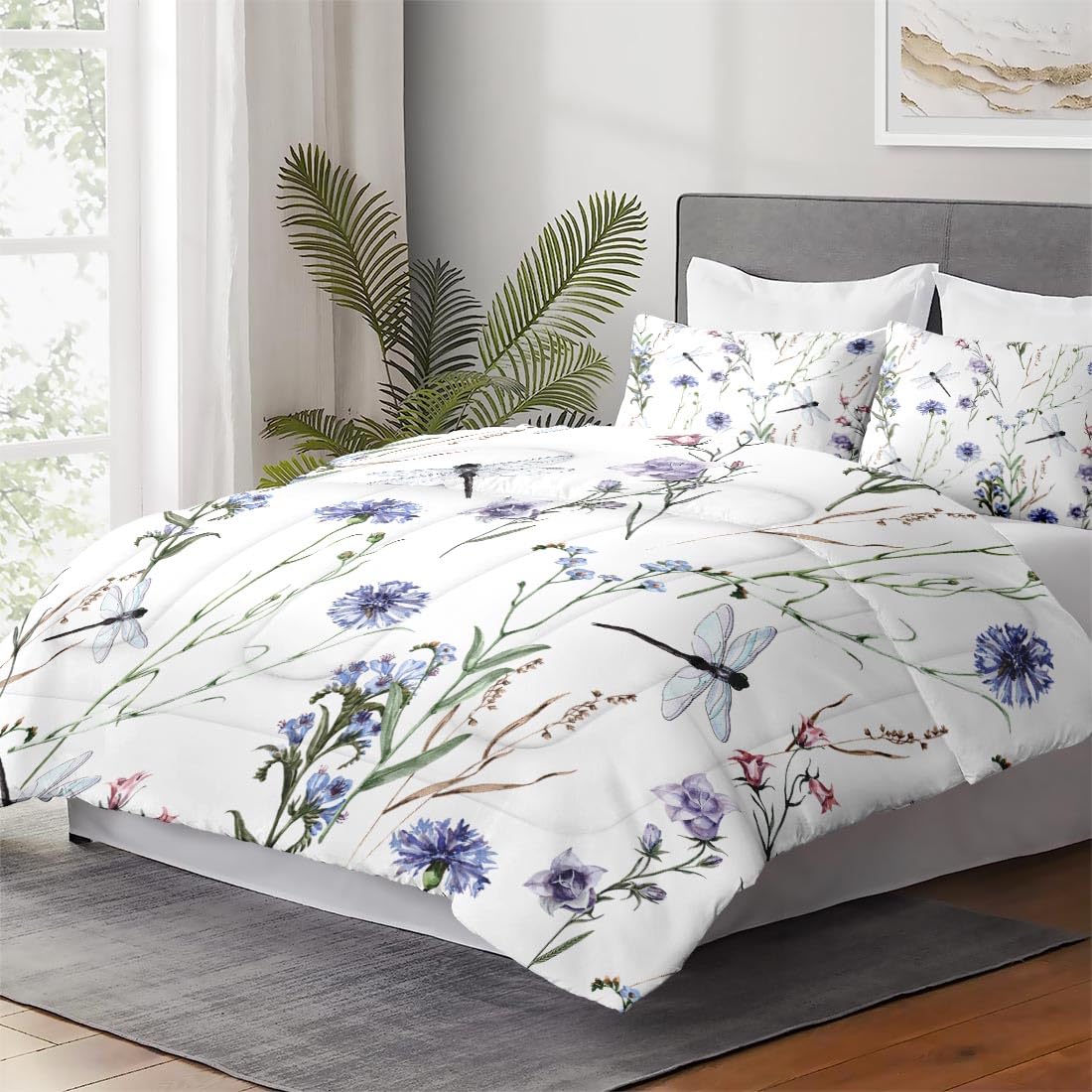 WeCozy Queen Size Comforter Set with 2 Pillowcases, Wildflower Botanical Herb Plant Leaf Floral Flower Painting Dragonfly Soft 3 Pcs Bedding for Kids and Adults Bedroom Bed Decor