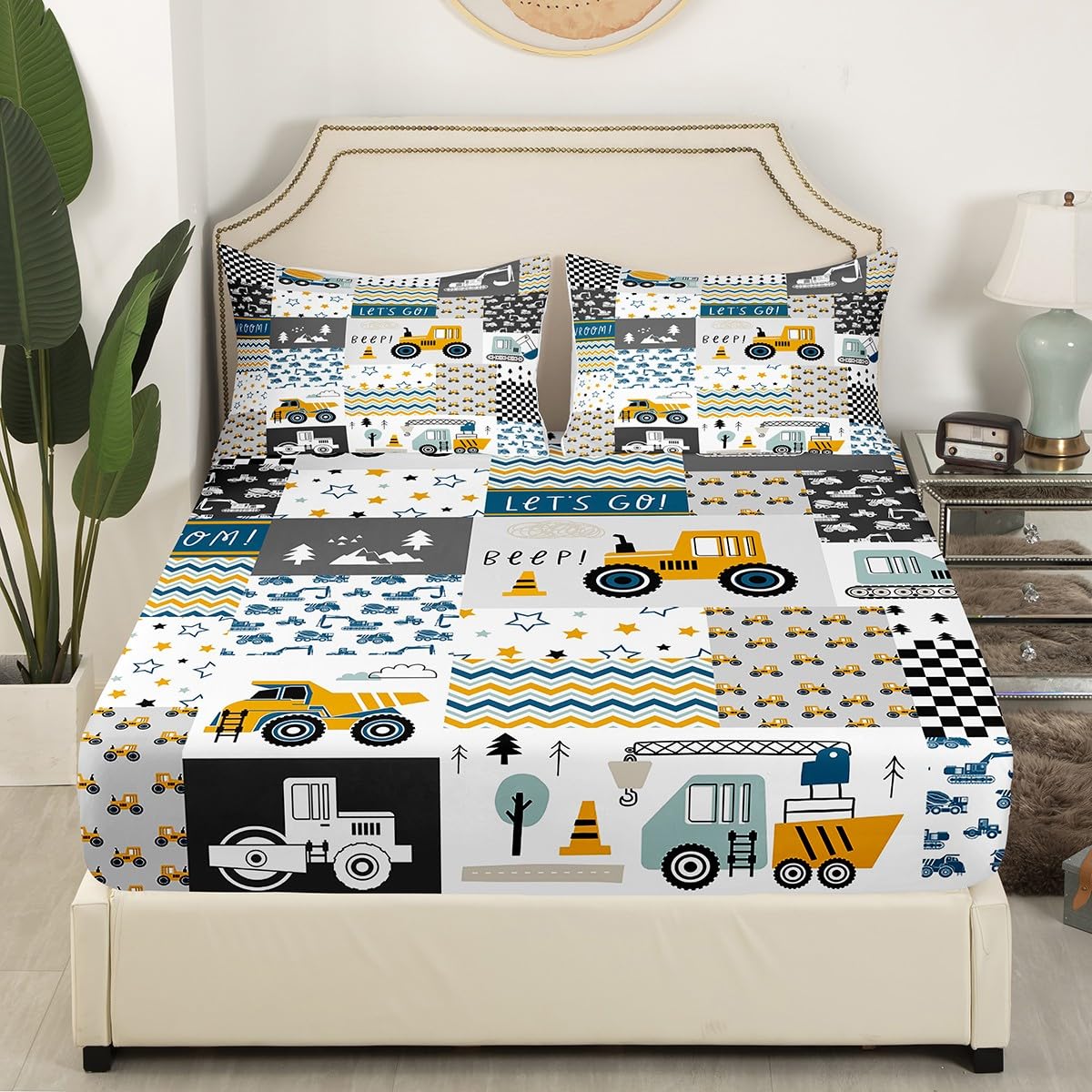 Cartoon Cars Kids Fitted Sheet Full Size,Construction Vehicle Trucks Tractor Bedding Set,Boys Room Decor,Geometric Plaids Excavator Star Stripe Bed Cover,Chic Bed Sheet,2 Pillowcases
