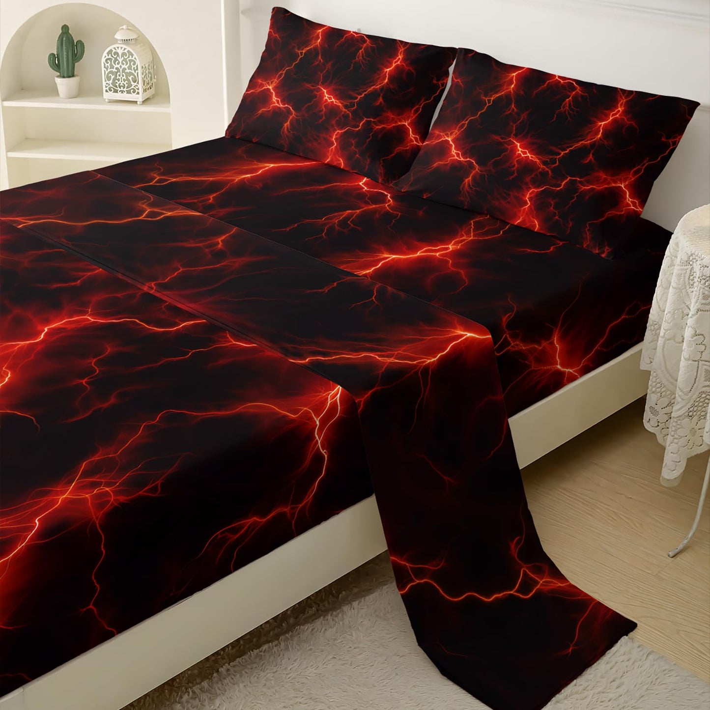 QOOMO Red Lightning Fitted Sheet Set Full Size,Modern Neon Glowing Bedding Set for Kids Boys Girls Teens,Comfy Breathable Cooling Sheet Sets,1 Fitted Sheet, 1 Flat Sheet, 2 Pillow Cases
