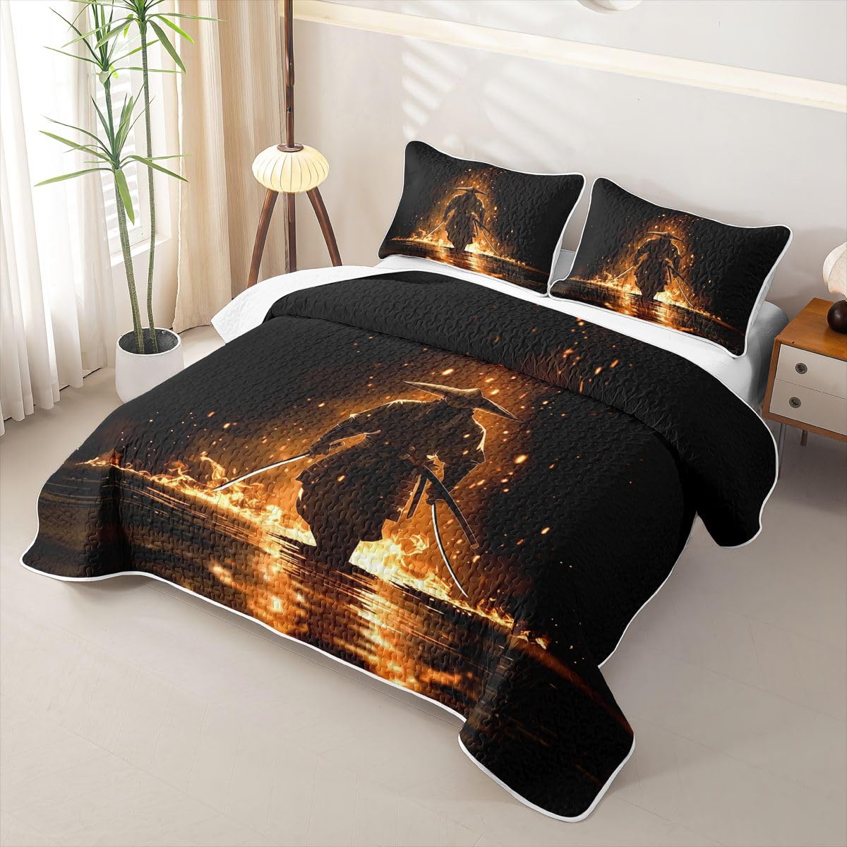 Erosebridal Japanese Samurai Quilt Twin Size - Japan Warrior Bedspread Japanese Spirit Bed Coverlet with 1 Pillowcase