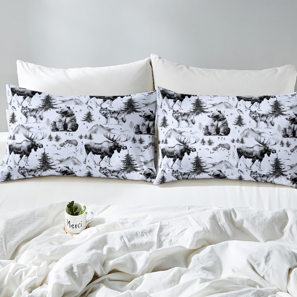 Bear Bed Sheets for Rustic Cabin,Grey Deer Moose Wolf Mountain Sheet Set Full,Farmhouse Pine Tree Woodland Bedding Set Bedroom Decor,Retro Hunting Wild Animal Fitted Sheet + Flat Sheet + 2 Pillowcases