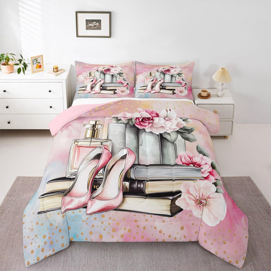 Erosebridal Pink Floral King Bedding Set for Girls Kids Teens Girly Modern Fashion Comforter Set Women Romantic Perfume Down Comforter Fantasy Dreamy High Heels and Book Quilt