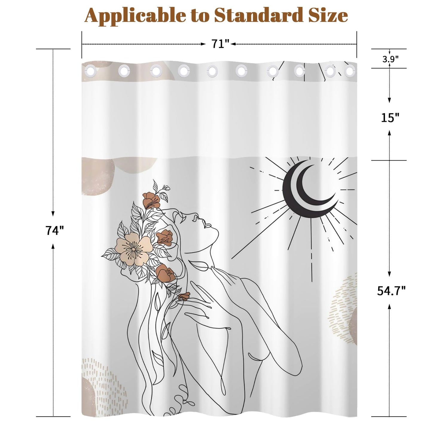 Xiazhilaio No Hook Bohemian Art Shower Curtain with Snap in Liner - 71″W x 74″L Waterproof Fabric with Mesh Top Window, Abstract Woman Floral Celestial Print Bath Curtain for Artistic Bathroom Decor