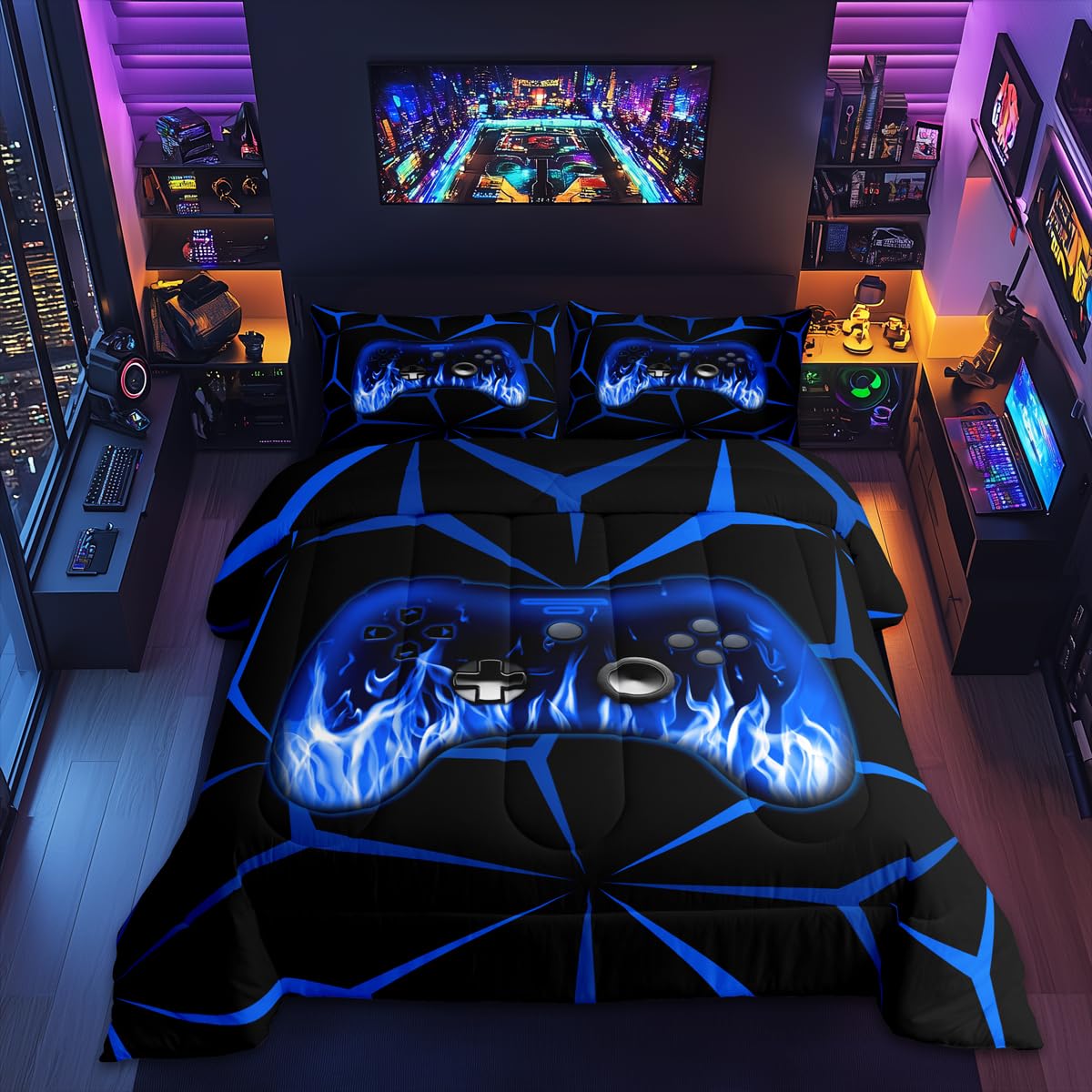 Feelyou Kids Gamer Comforter Set,Gaming Bedding Set Queen Size for Boys Girls,3D Geometric Video Game Console Comforter,Blue and Black Game Contoller Bed Set for All Season