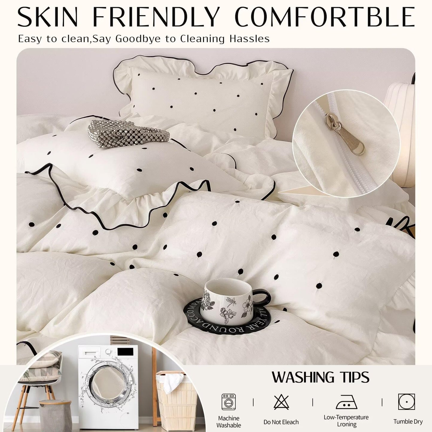 AMZTOP Duvet Cover Queen Size Polka Dot Beige 3 Pcs(1 Duvet Cover with 2 Pillowcases),Soft Washed All Seasons Comforter Covers with Ruffles,Cute Queen Bedding Set for Teen Girls 90"×90"