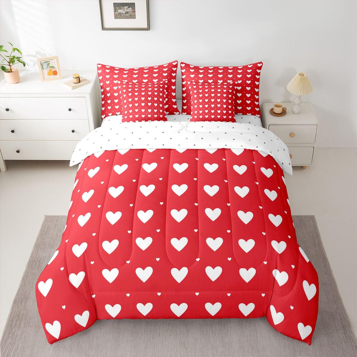 Erosebridal Couple Red Love Full Bedding Set - Cute Hearts Printed Bed in A Bag,Romance Love Heart Comforter Sets with Sheets, Romantic 7 Pieces Bed Set Bedroom Decor