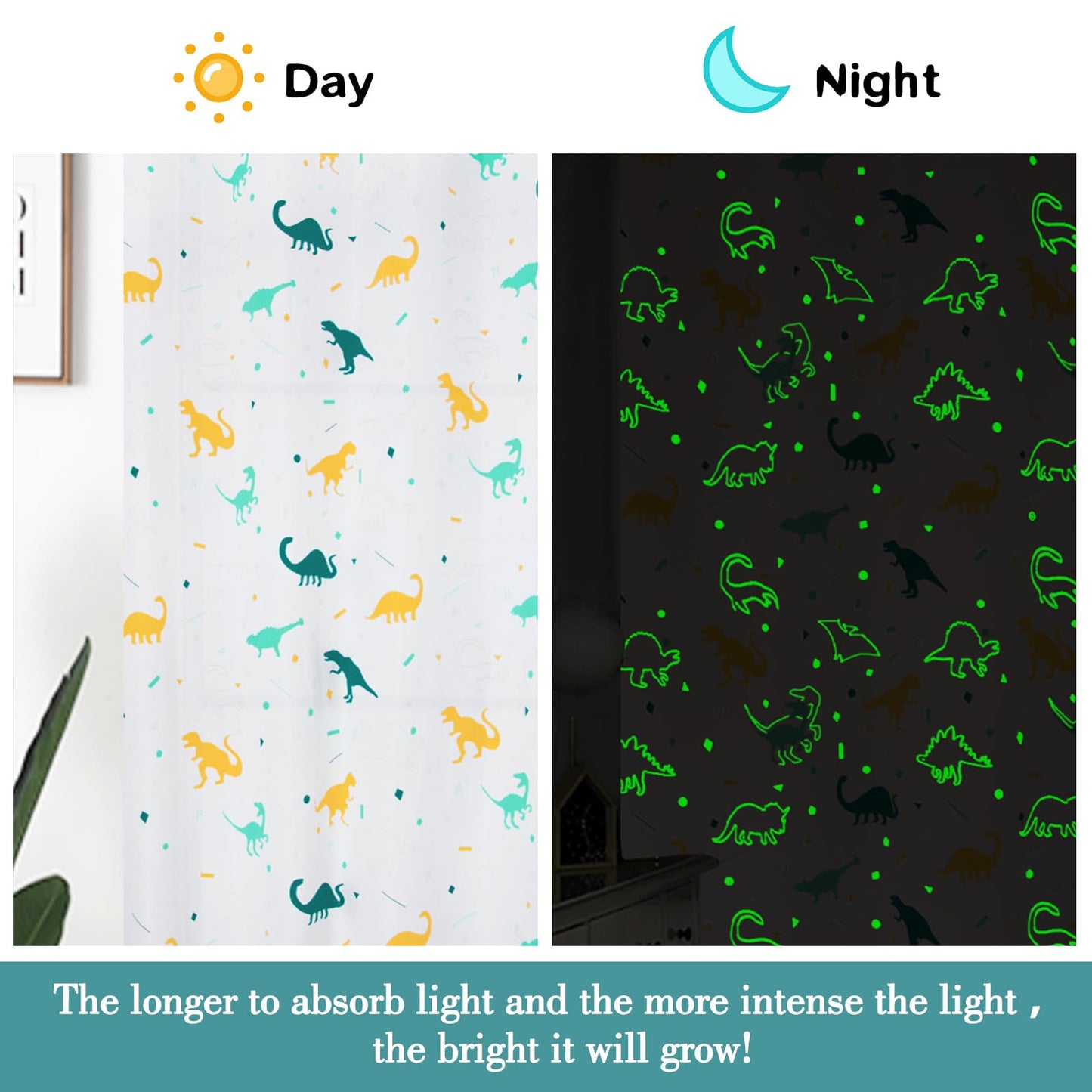 Dinosaur Curtains for Boys Bedroom Glow in the Dark Cartoon Rod Pocket Kids Boys Girls Simple Childish Cute Dino Wildlife Animals Pattern Window Drapes Nursery Bedroom Playroom Living room 2 Panels