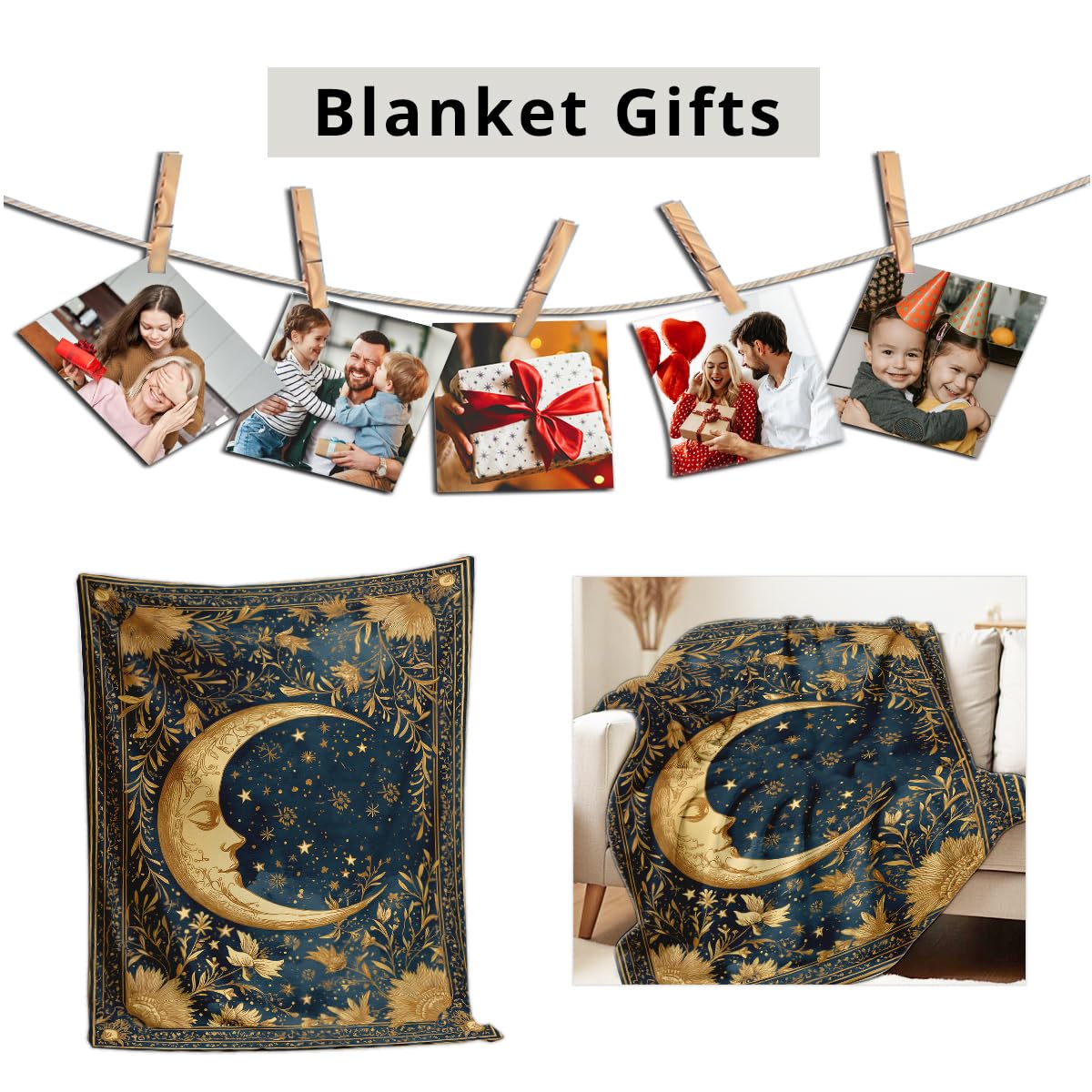 HUNXIAOJ Celestial Throw Blanket for Couch Bed Sun Moon Floral Print Flannel Blanket Celestial Gifts Astrology Throw Mystical Bedroom Home Decor (59"x78")