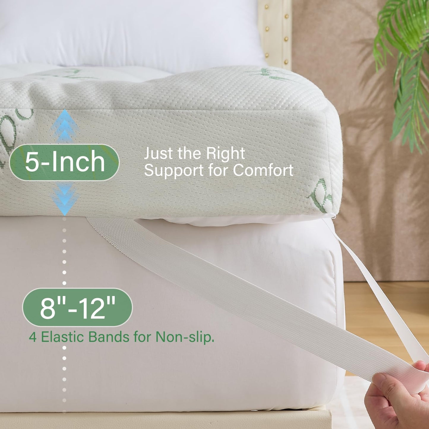 WhatsBedding 5 Inch Memory Foam Mattress Topper Queen Size for Back Pain, Cooling Breathable Bamboo Viscose Air Layer, Soft and Thick Supportive Mattress Topper, 4 Stable Anchor Elastic Straps