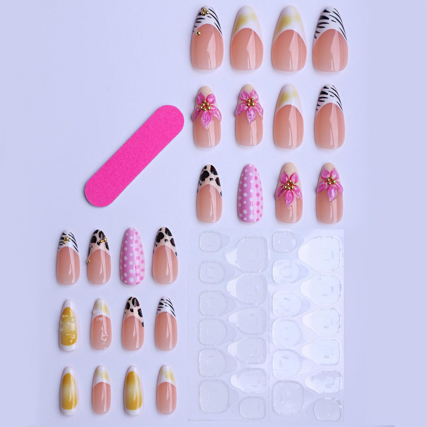 octoswave Press on Nails Medium Almond Fake Nails Pink French Artificial Nail 3D Flowers Stick on Nail for Women 24pcs
