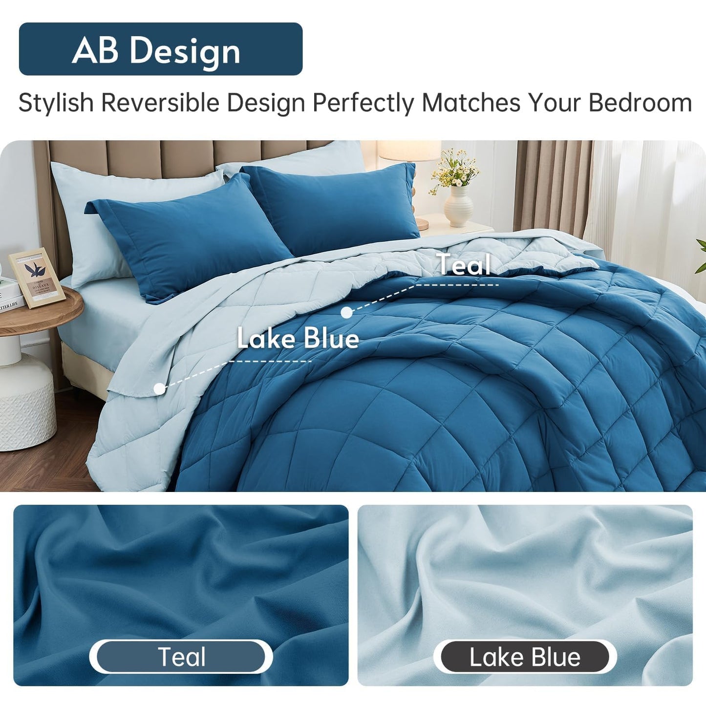 MUXHOMO 7 Pieces King Comforter Set, Reversible Bed in a Bag King Size, All Season Bedding Set with Comforter, Flat Sheet, Fitted Sheet, Pillowcases & Shams, Teal & Lake Blue