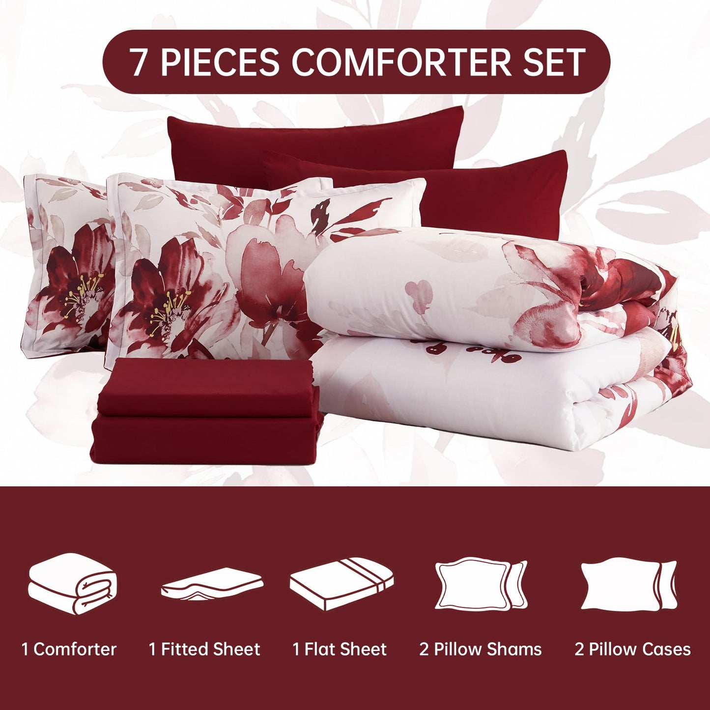 Luxudecor Floral Comforter Set Queen Size, 7 Piece Burgundy Flower Set Bed in a Bag,Soft Microfiber Farmhouse Shabby Chic Bedding Set for All Seasons(90"x90")