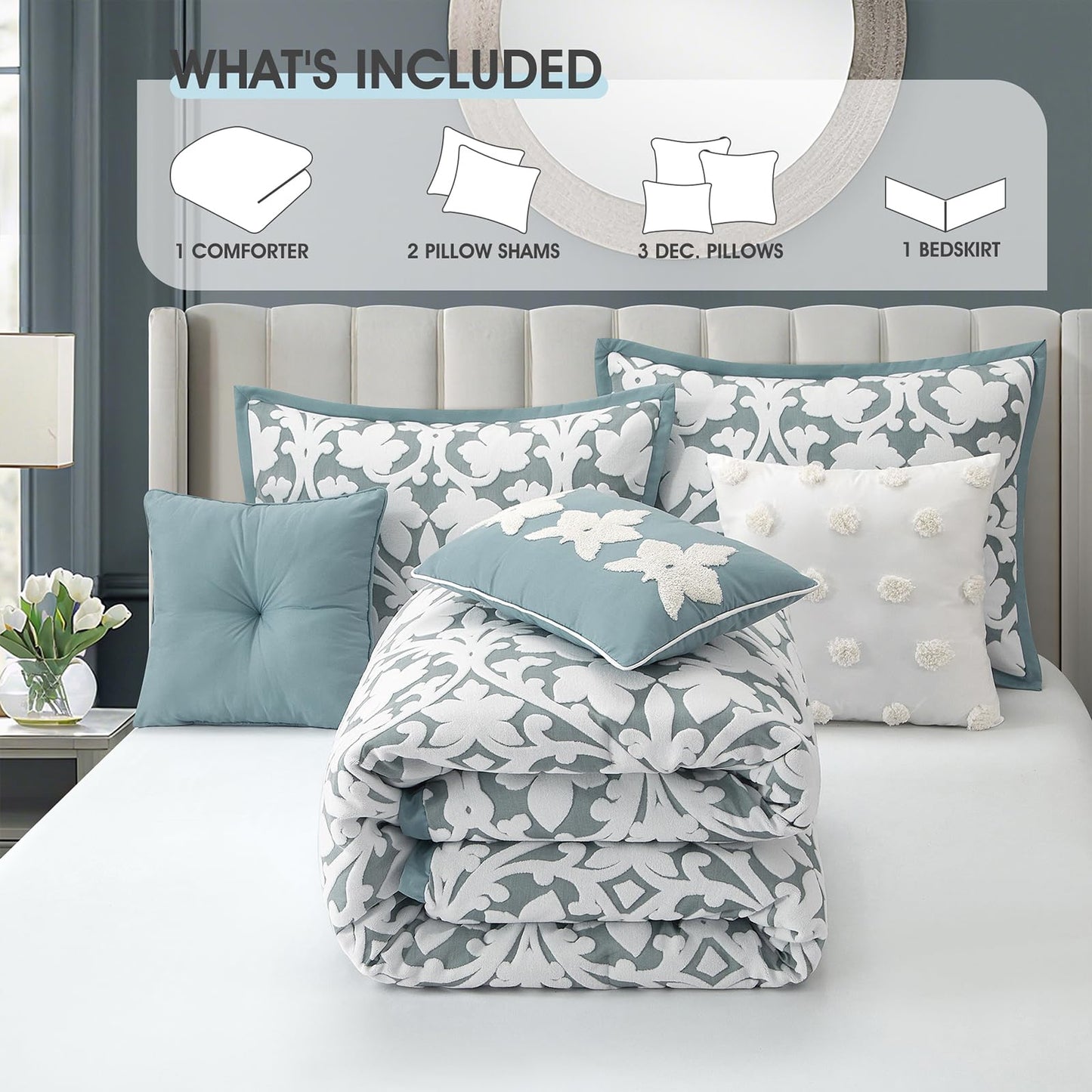 LANCO MODERN LIFESTYLE 7 Pieces Comforter Set, King, Blue, Jacquard Floral Pattern and Classy Damask Medallion Design, Ultra Soft, Includes Bed Skirt, Shams, and Decorative Pillows