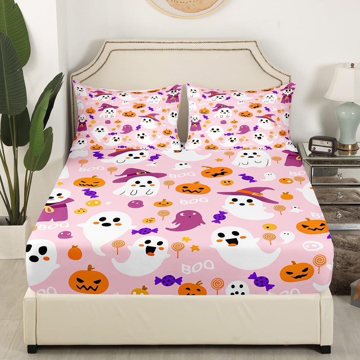 Feelyou Kids Cartoon Halloween Fitted Sheet Cute Ghost Pumpkin Sheets Set for Child Boys Girls Pink Purple Full Size Bedding Set Decoration Kawaii Bed Sheet Set Collection