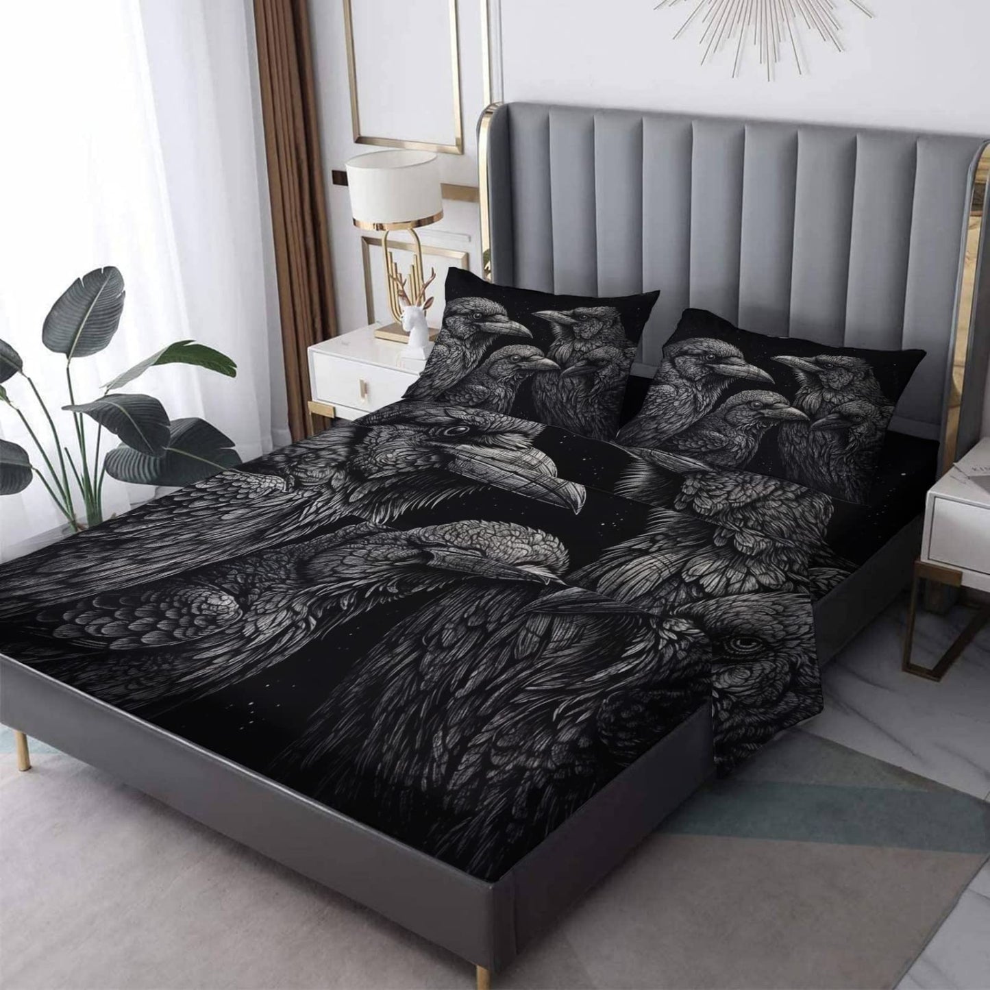 zcwl Queen Sheets Set, Crow Bed Sheets - Microfiber Bedding Sheets & Pillowcases 4 Piece, Bird Black Patterned Sheet Set, 16 Inch Deep Pocket Fitted Sheet, Silky Soft Wrinkle Free