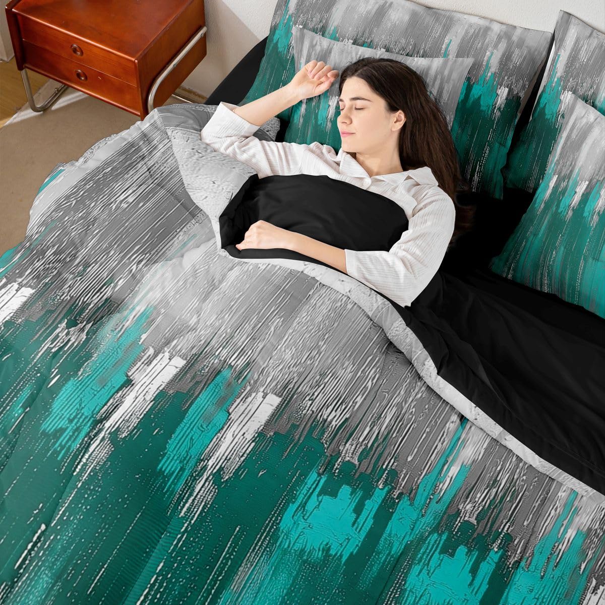 Erosebridal Greyish Gradient 7 Piece Bedding Set Queen White Teal Comforter Set with Sheets Chic Abstract Art Ombre Vintage Bed in a Bag Farmhouse Graffiti Modern for Teens Men Women