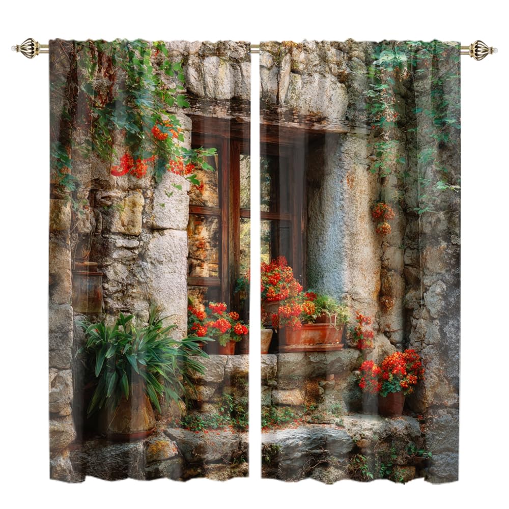 XSUPFLYM Beautiful Rustic Spring Garden Blackout Curtain for Living Room Fantasy Vintage Stone Wall Plant Flowers Pattern Thermal Insulated Curtain for Bedroom 2 Panels Each 21" W x 45" L