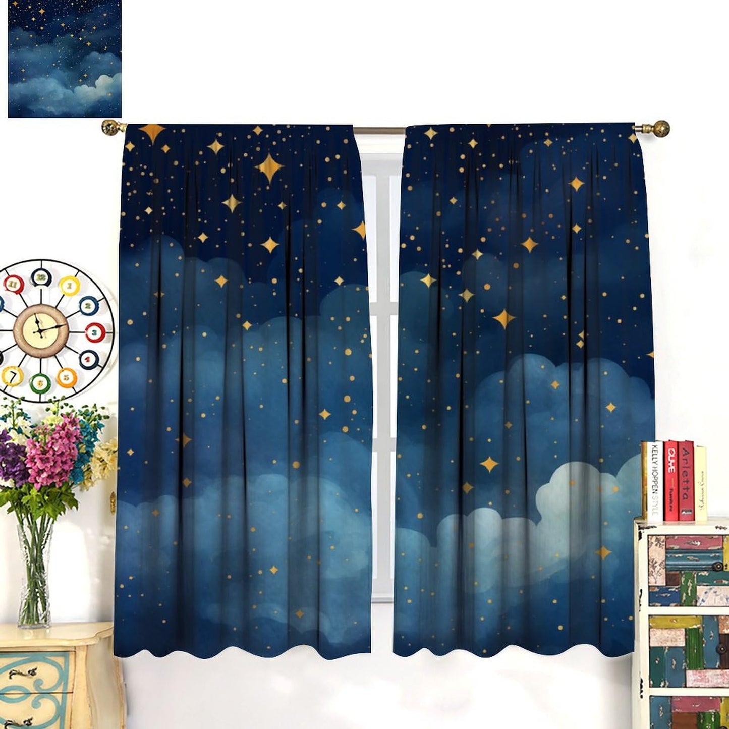 Djaby Night Sky Stars Curtain for Kids, Blue Starry Space Galaxy Pattern Window Treatments for Boys Girls Bedroom Toddlers Room Living Room Decor 42" W X 45" L(No Blackout)
