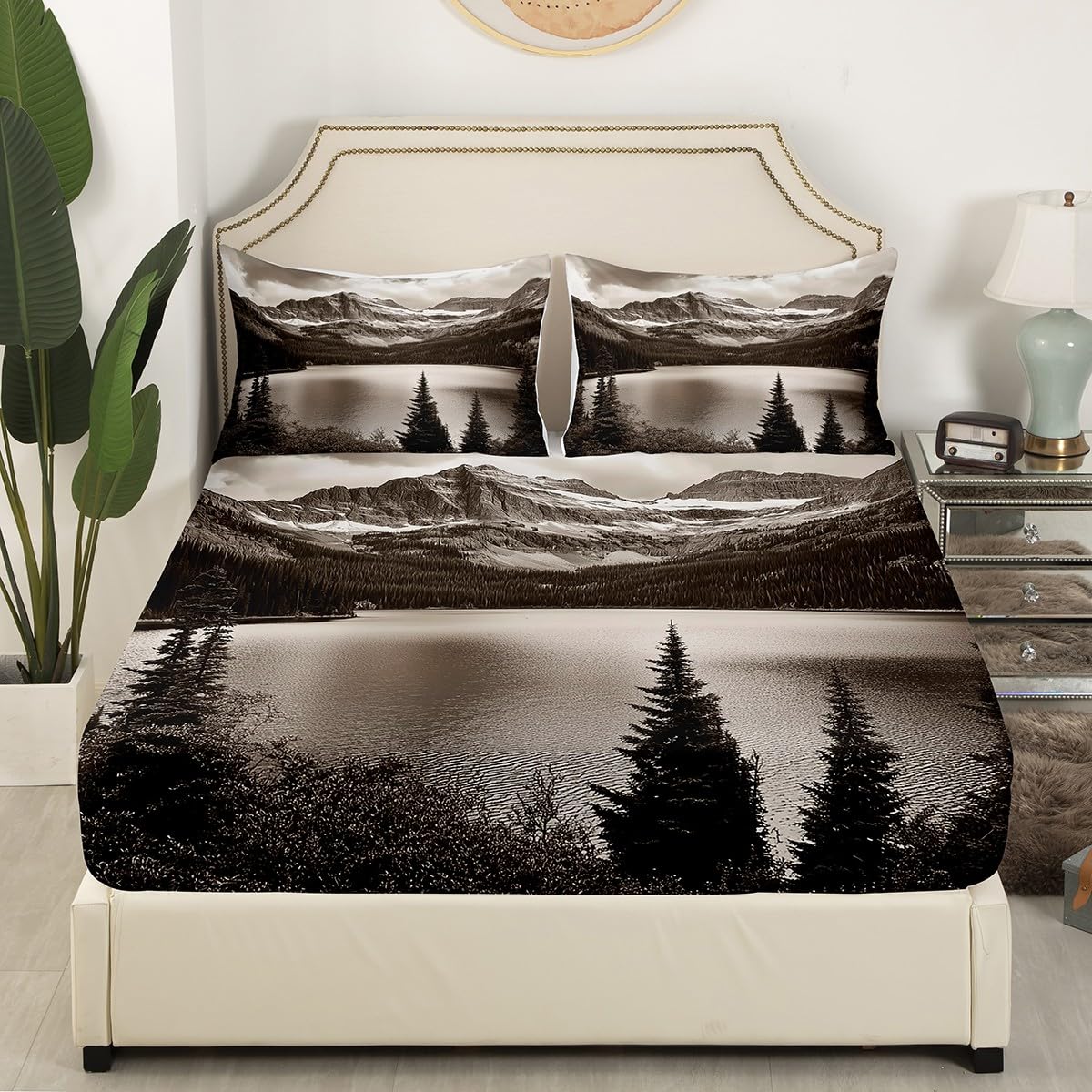 Erosebridal High Mountain Bed Sheets King Size Nature Theme Bedding Set Lake Pine Trees Sheet Set for Teens Adults Men Bedroom,Grey Landscape Fitted Sheet Flat Sheet 2 Pillow Cases