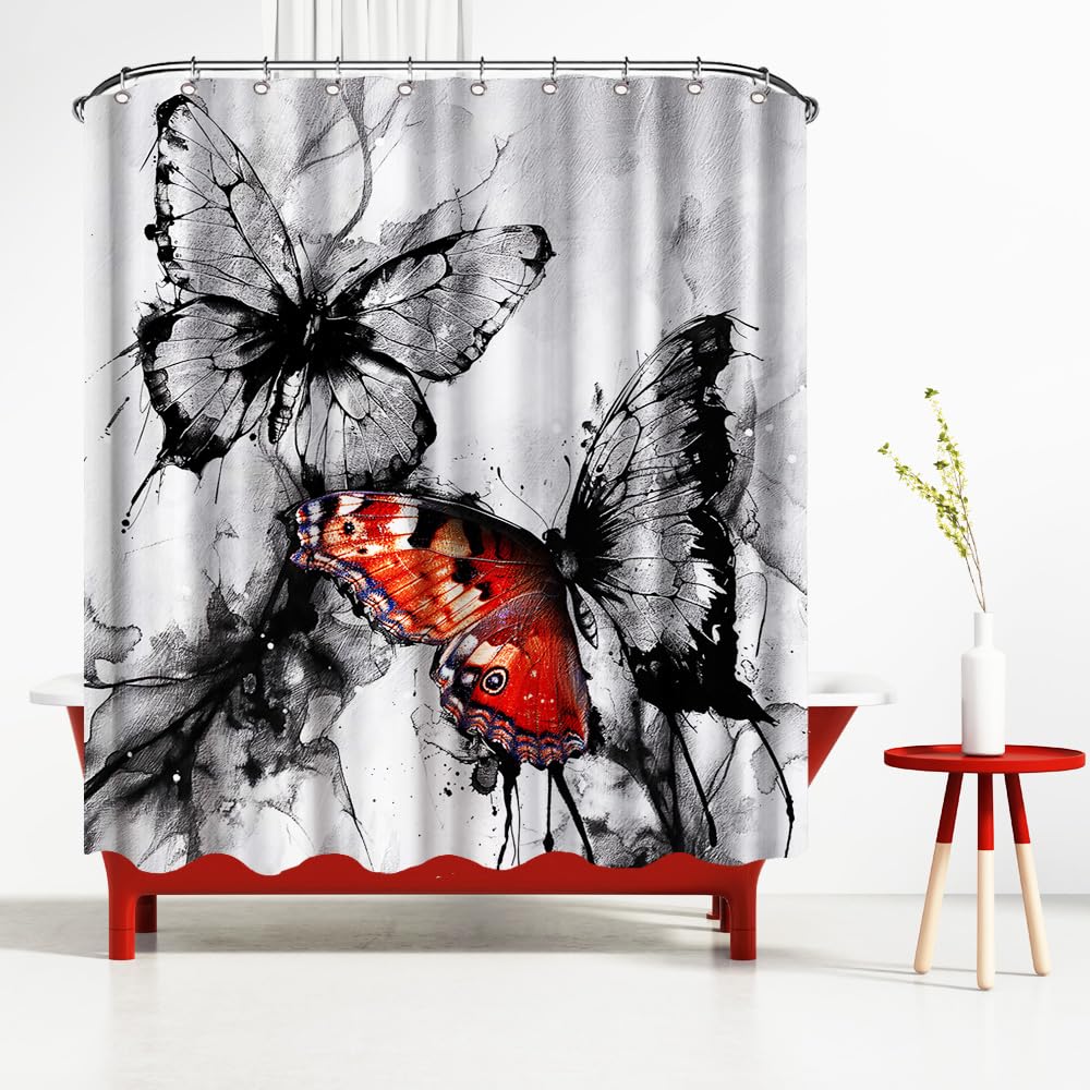 Conipit Butterfly Shower Curtains for Bathroom Black Red Ink Painting Shower Curtain Watercolor Butterfly Bathroom Curtain 72"x72" with 12Pcs Hooks(red)