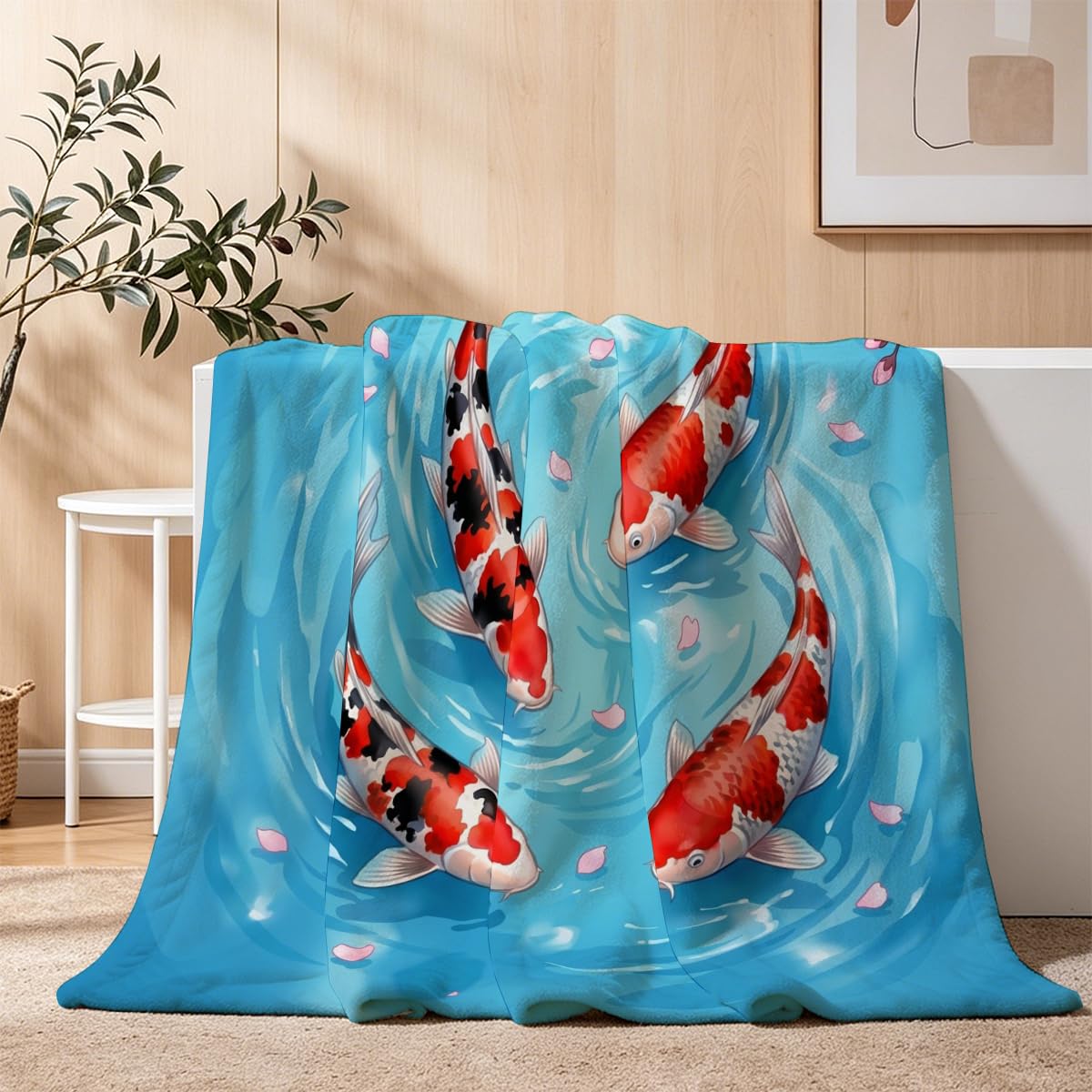 Yujiiso Koi Fish Cherry Blossom Blanket Soft Flannel Fleece Throw 50" x 60"