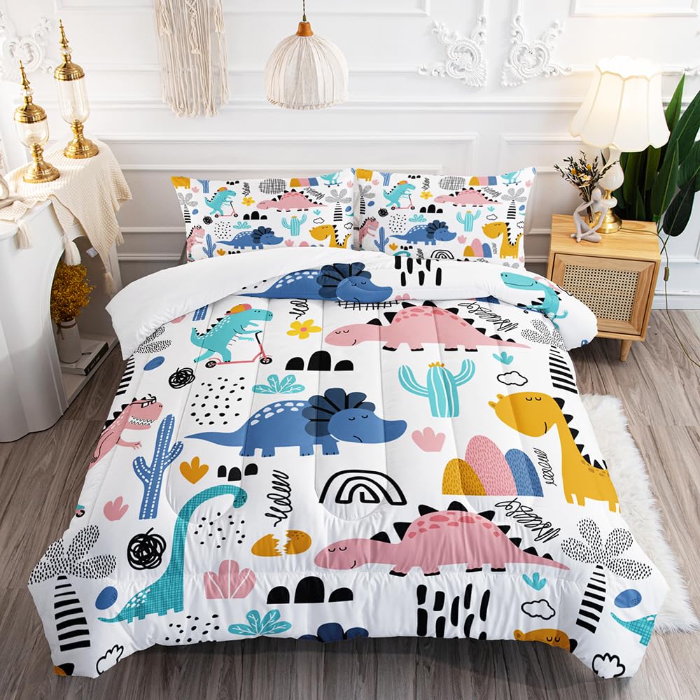 XYNHML Cartoon Dinosaur Rainbow Comforter Set Twin 3Pc Kawaii Dinosaur Bedding Set All Season with Cactus, Coconut Tree Decoration Includes 1 Comforter, 2 Pillowcases for Kids Girls Teens