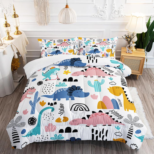 XYNHML Cartoon Dinosaur Rainbow Comforter Set Twin 3Pc Kawaii Dinosaur Bedding Set All Season with Cactus, Coconut Tree Decoration Includes 1 Comforter, 2 Pillowcases for Kids Girls Teens