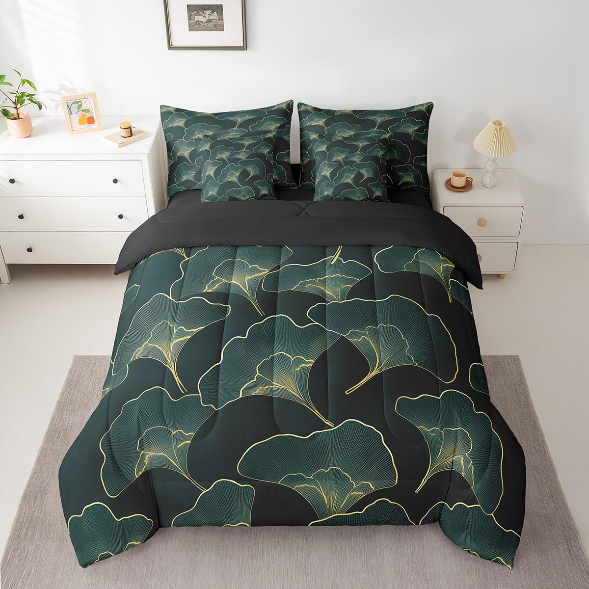 Erosebridal Ginkgo Leaves Comforter Set 7 Piece Bed in a Bag Twin,Golden Ginkgo Biloba Leaf Bedding Sets Botanical Sheet Set with Comforter,Jungle Plant Ginkgo Folium Bed Set