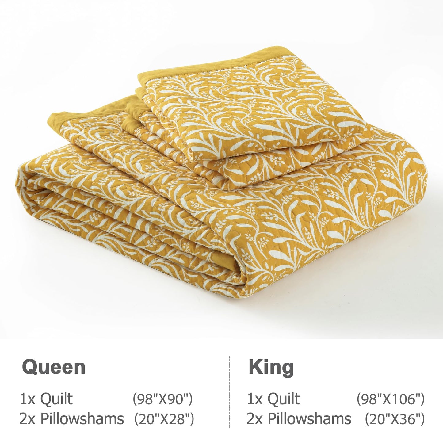 Finlonte Cotton Quilts Queen Size - 100% Cotton Queen Comforter Set, Botanical Quilt Bedding Set, Lightweight Reversible Soft Quilted Bedspread for Queen Bed, Gold/White, All Season, 3 Pcs