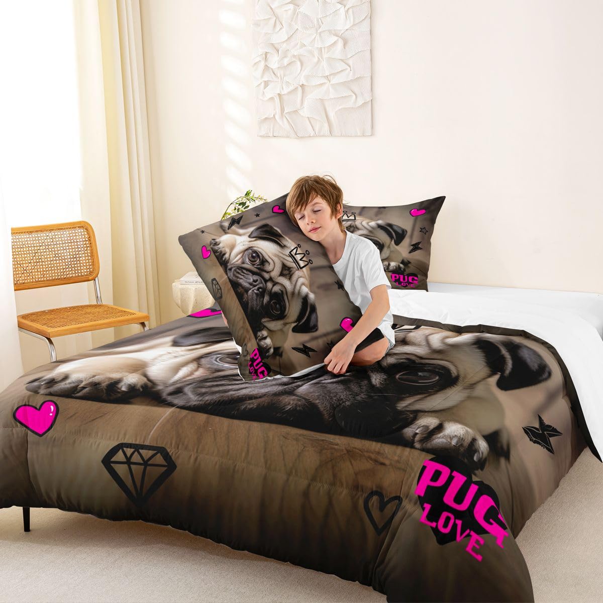 Manfei 3D Pug Comforter Set Twin Size Cute Pug Puppy Dog Bedding Set 2pcs for Kids Boys Girls Room Decor, Animal Theme Quilt Set Pink Hearts Lightning Star Print Duvet Set with 1 Pillowcase