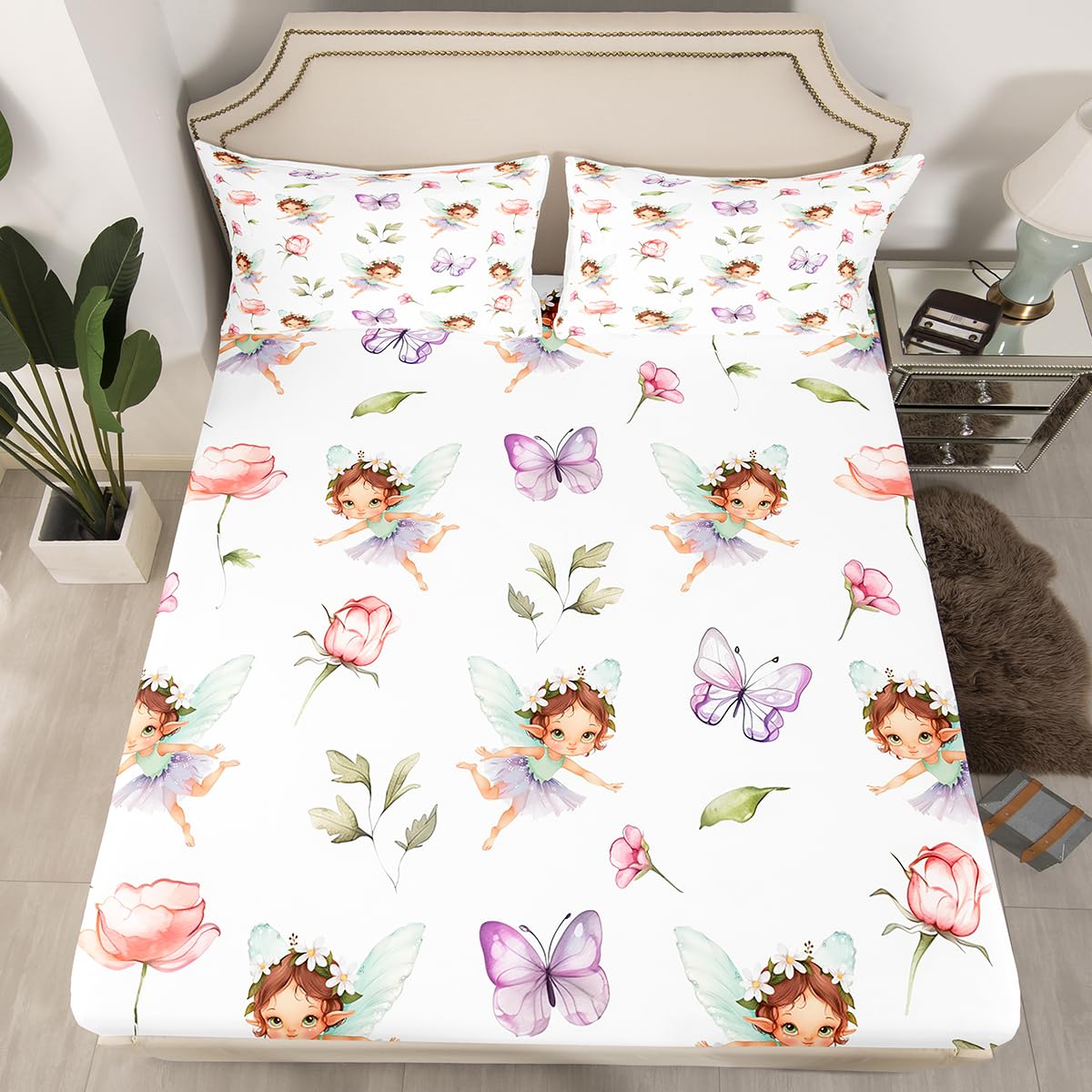 Erosebridal Girls Fairy Twin Fitted Sheet - Purple Butterfly & Floral Bedding Set for Kids, Pink Flower Fairies Garden Bottom Sheets Only | Girly Princess Bed Set 2 Piece Bedroom Decor