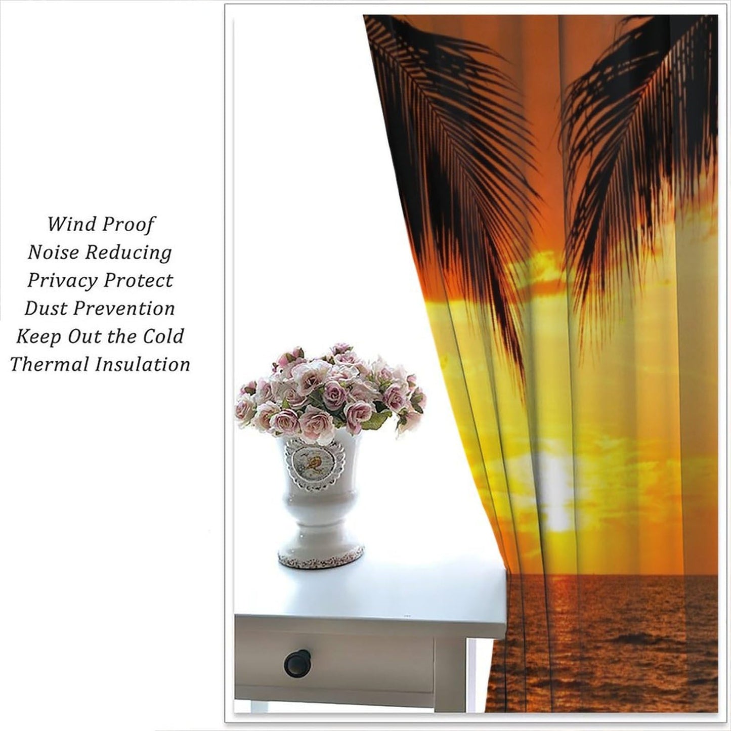 Focusbrite Tropical Ocean Sunset Window Curtains,Sea Beach Seaside Palm Tree Dusk Nature Scenery Print Decor Home Apartment Bedroom Living Room Set 2 Panels,42x45 Inches
