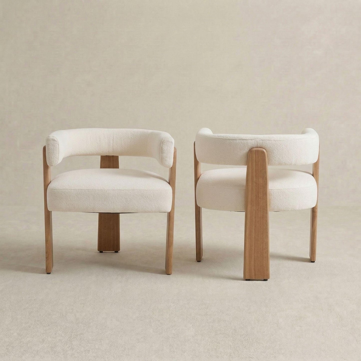Hyfirm Set of 2 Modern Boho Barrel Dining Chairs with Wood Legs, White Upholstered Accent Armchairs with Thick Padded Cushion for Kitchen, Minimalist Natural Chic Chairs for Living Room